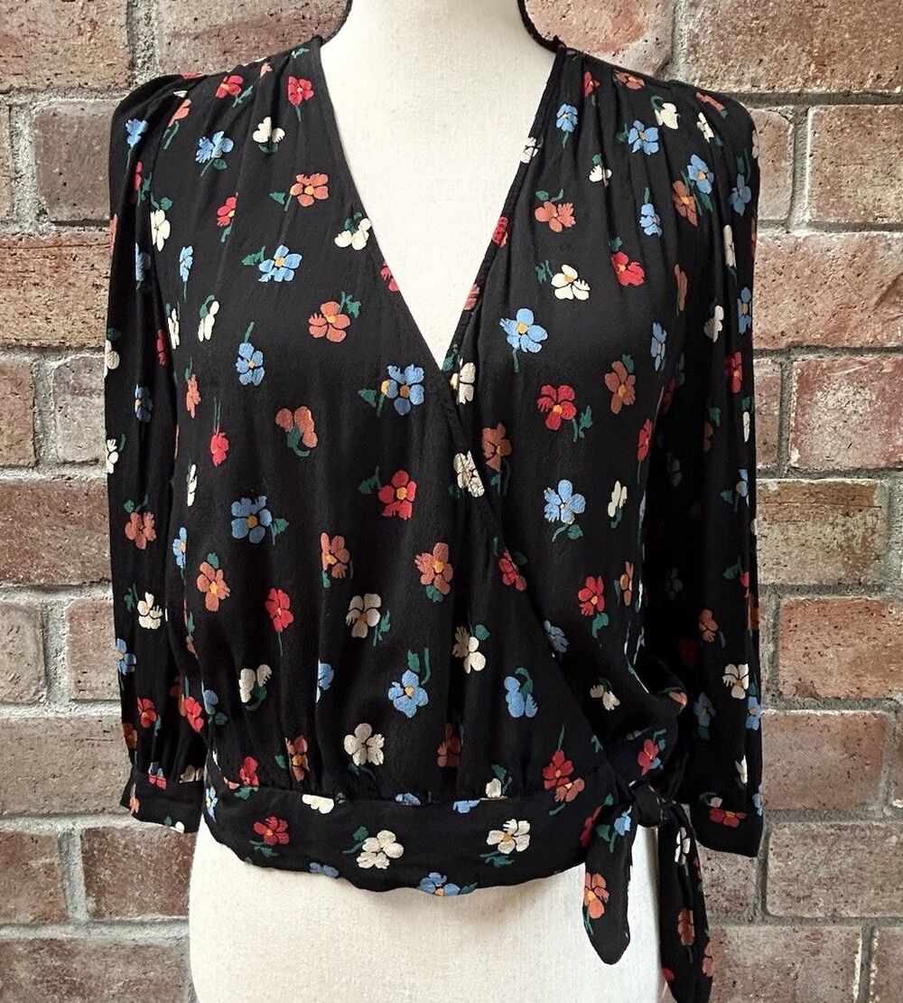 Madewell Wrap Top Floral Multi Pressed Flowers Size Small Manet True Black